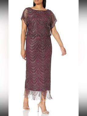 SLNY Plum Metallic Fringe Beaded Overlay Evening Dress 6P NWT
